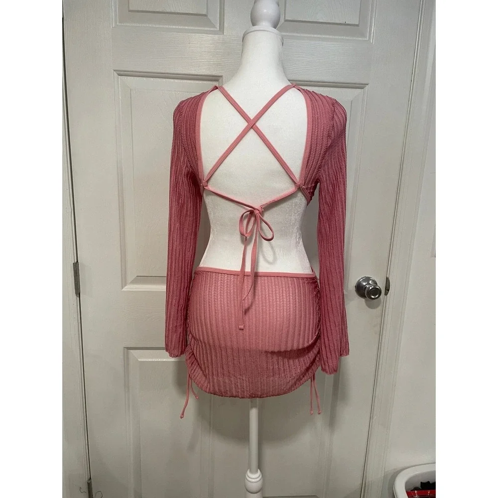 NEW Lilosy Pink Triangle Thong Tie Bikini Set Sexy Mesh Sheer Cover Up Lace Up S - Picture 3 of 12